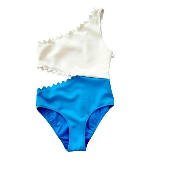 Onia Betty Cut Out One Shoulder One Piece Swimsuit Blue and White Size M NWT - Picture 6 of 11